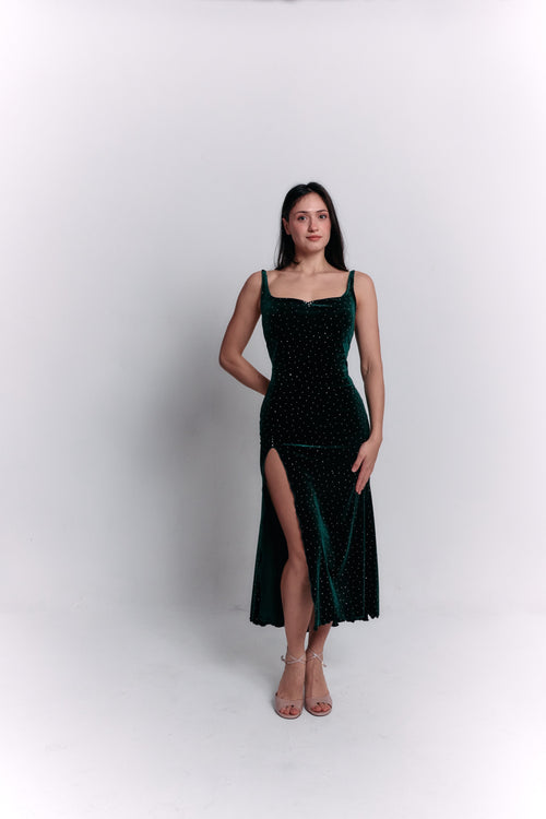 Green Velvet Satin Dress