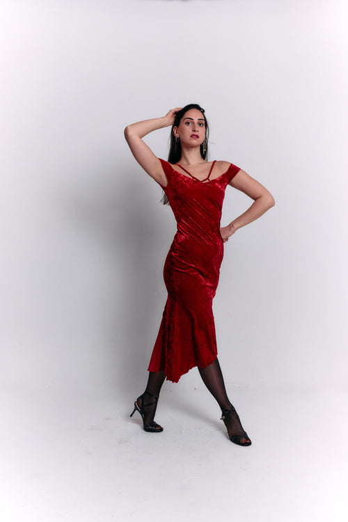 Red Velvet Off-Shoulder Dress