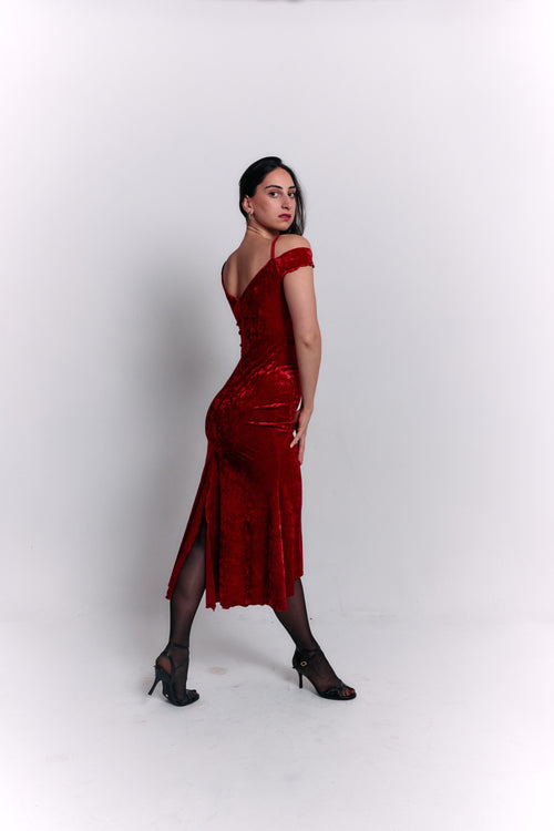 Red Velvet Off-Shoulder Dress