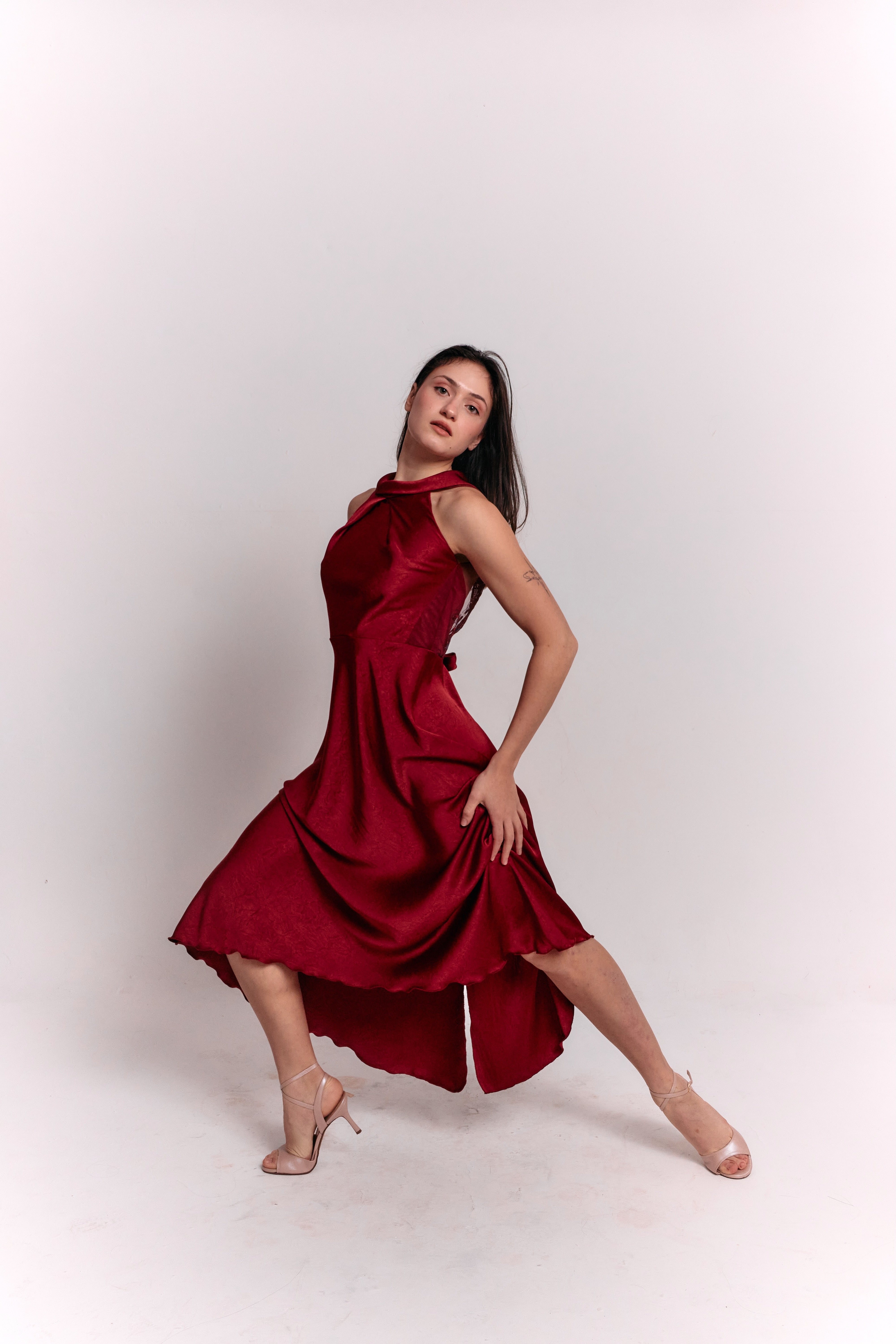 Satin Lace Burgundy Dress