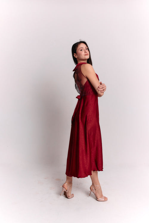 Satin Lace Burgundy Dress