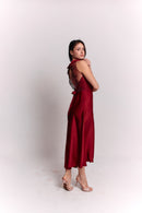 Satin Lace Burgundy Dress