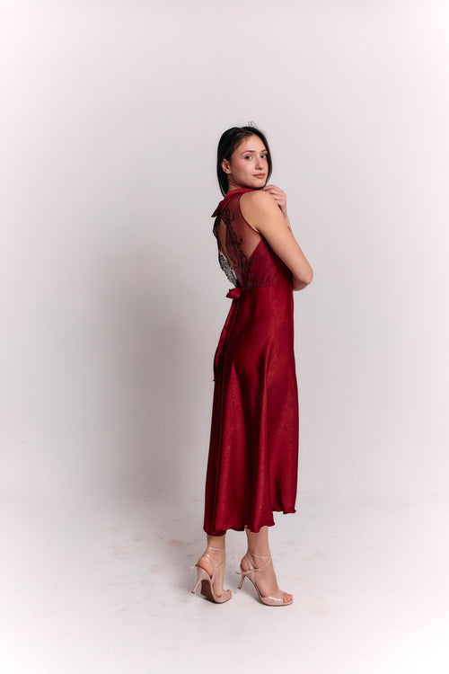 Satin Lace Burgundy Dress