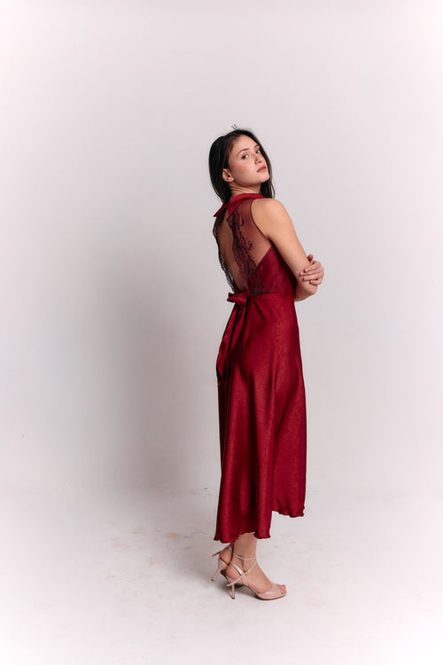 Satin Lace Burgundy Dress