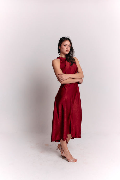 Satin Lace Burgundy Dress