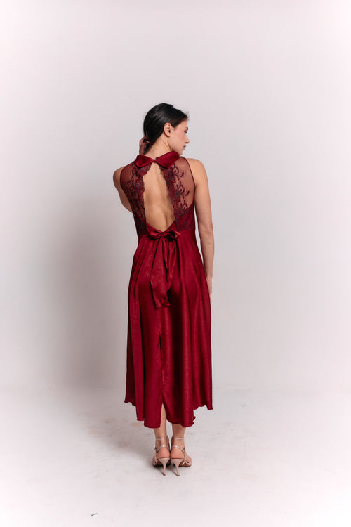 Satin Lace Burgundy Dress