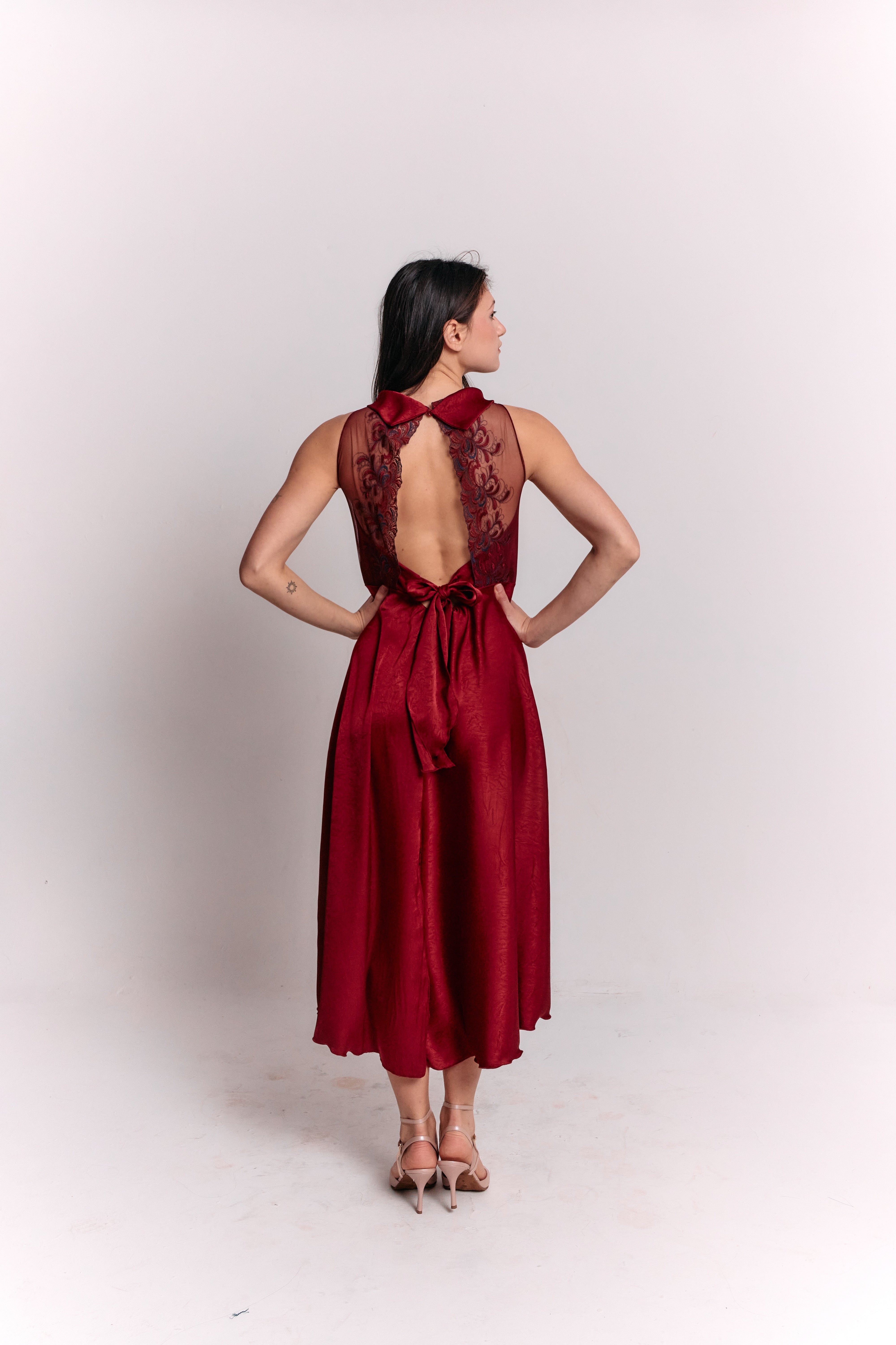 Satin Lace Burgundy Dress