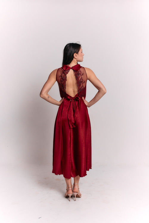 Satin Lace Burgundy Dress