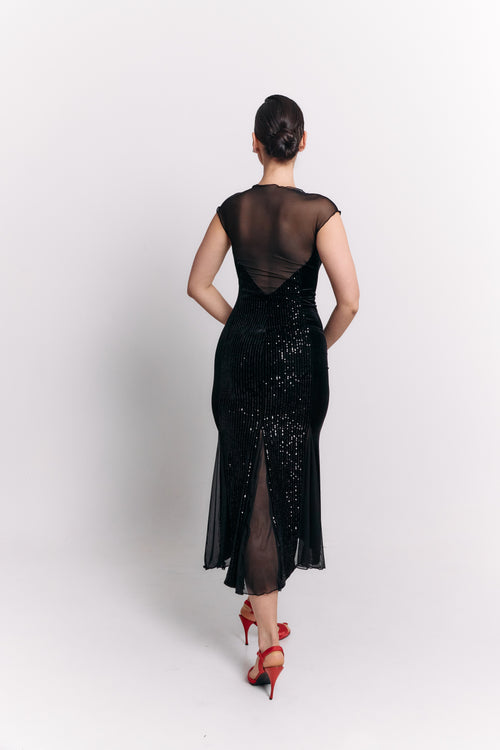 Black Velvet Sequin Sweetheart Chiffon Midi Dress
