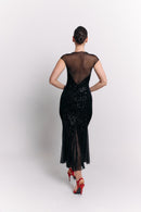 Black Velvet Sequin Sweetheart Chiffon Midi Dress