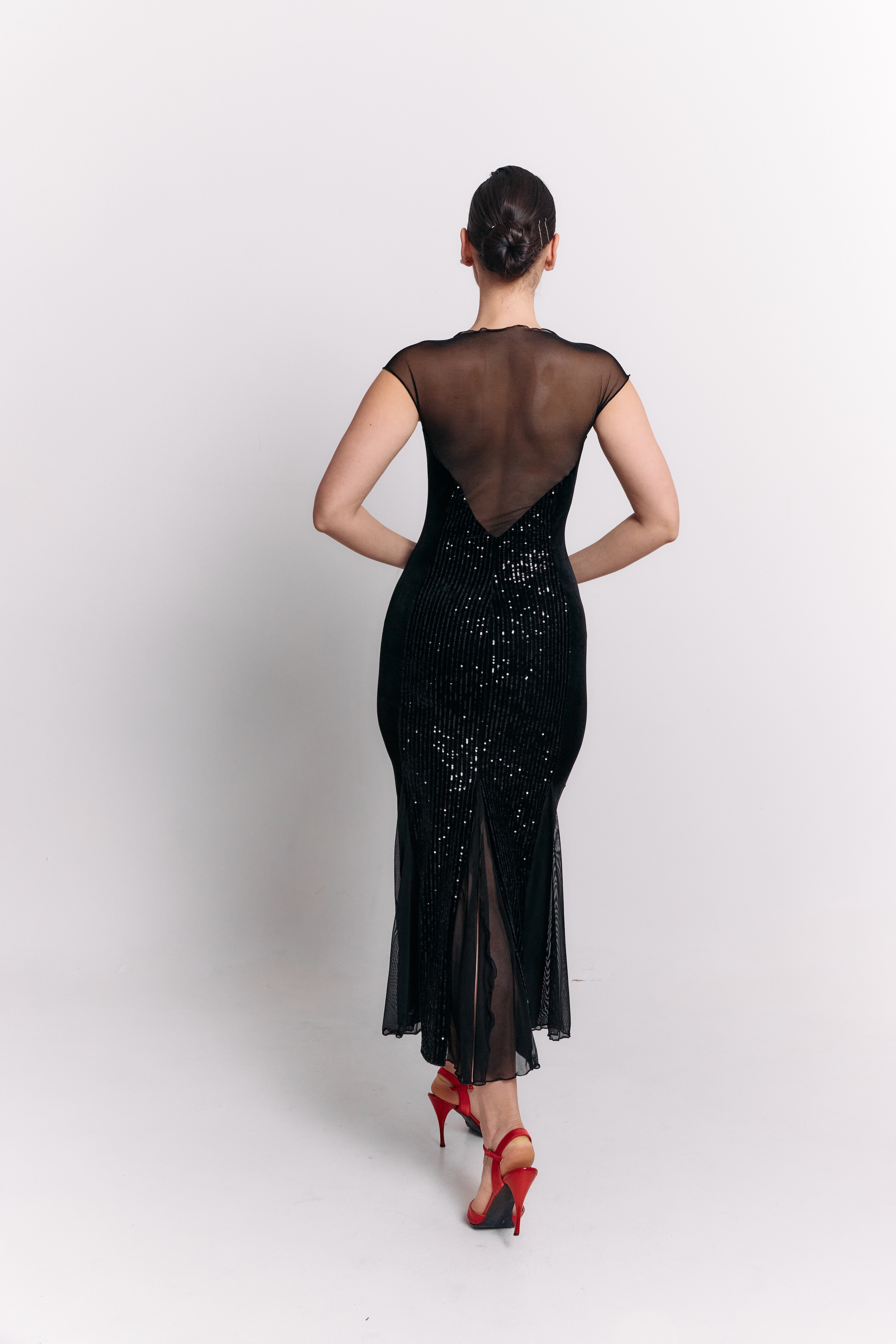 Black Velvet Sequin Sweetheart Chiffon Midi Dress