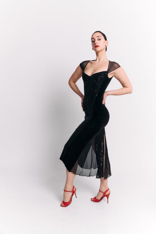 Black Velvet Sequin Sweetheart Chiffon Midi Dress