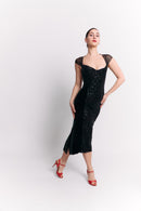 Black Velvet Sequin Sweetheart Chiffon Midi Dress