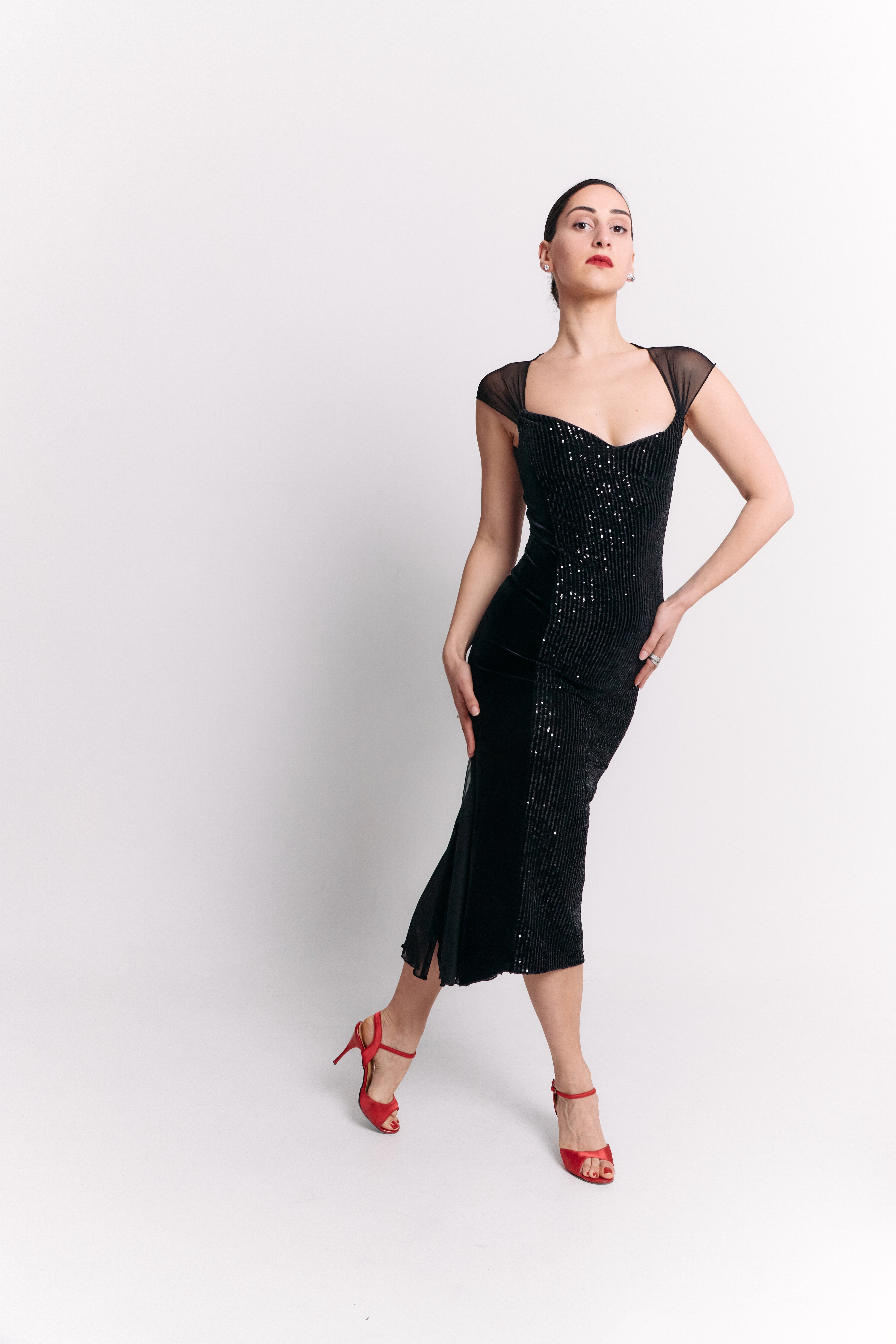 Black Velvet Sequin Sweetheart Chiffon Midi Dress