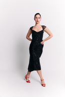 Black Velvet Sequin Sweetheart Chiffon Midi Dress