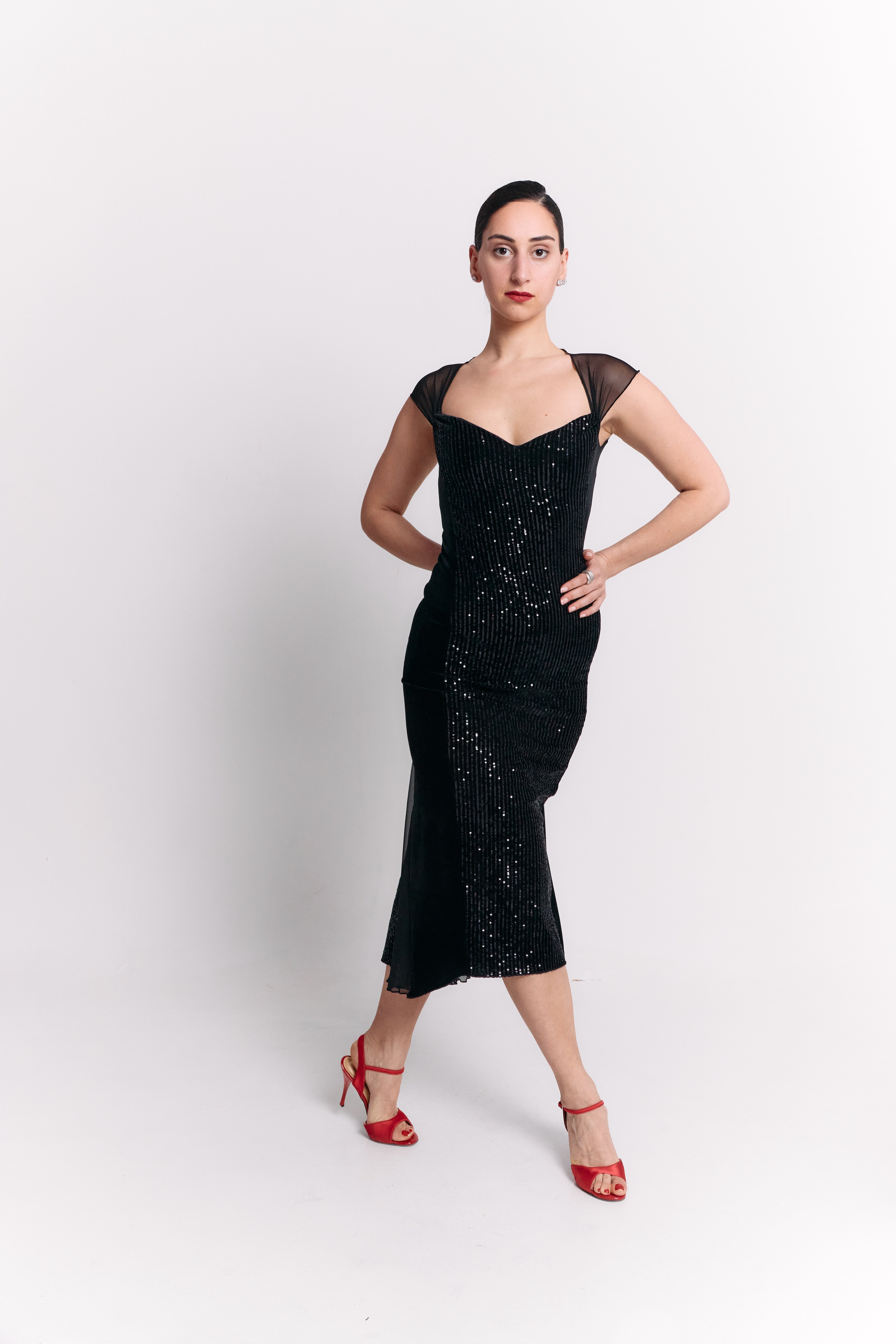 Black Velvet Sequin Sweetheart Chiffon Midi Dress