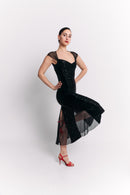 Black Velvet Sequin Sweetheart Chiffon Midi Dress
