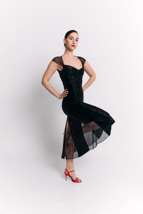Black Velvet Sequin Sweetheart Chiffon Midi Dress