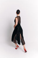 Black Velvet Sequin Sweetheart Chiffon Midi Dress