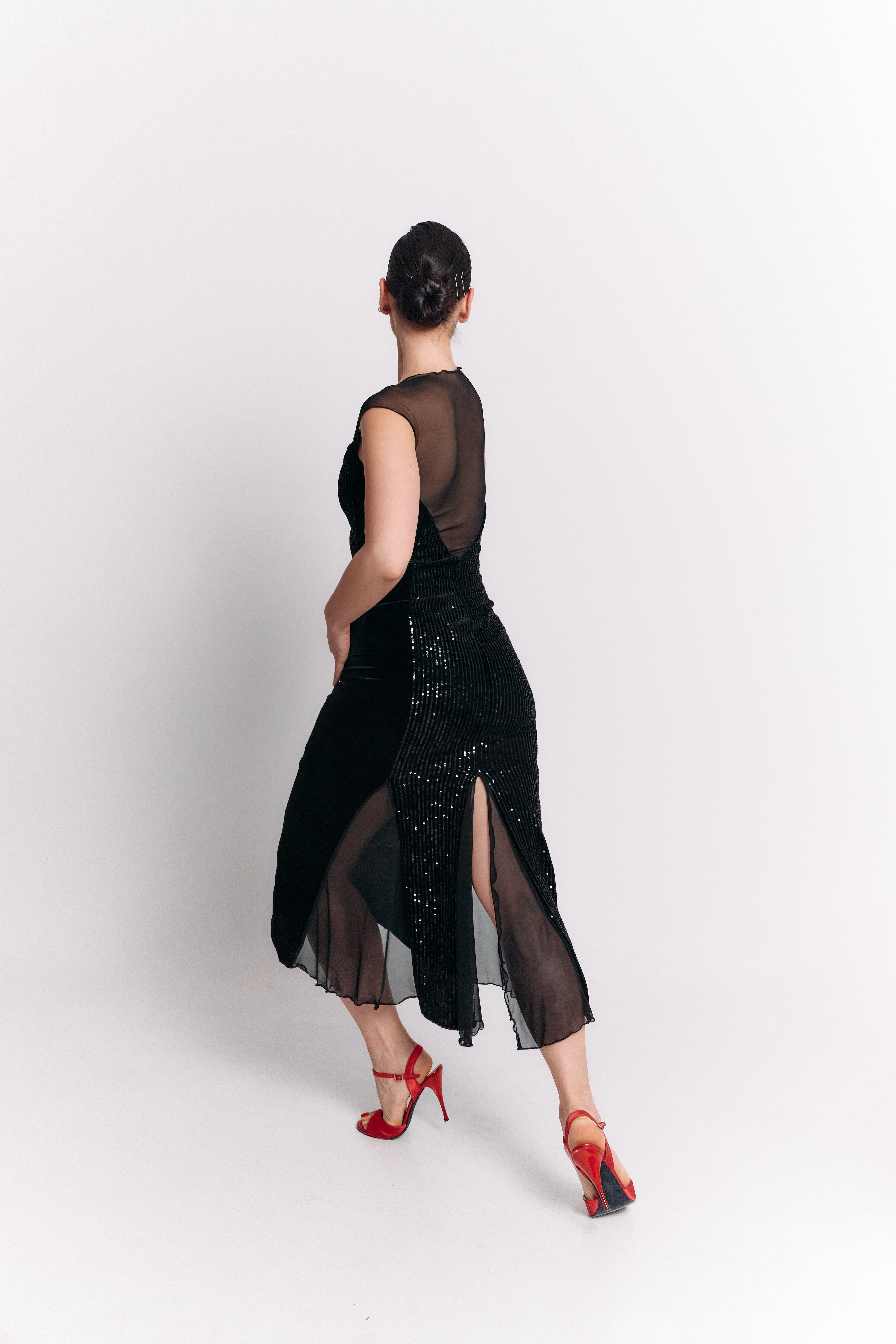 Black Velvet Sequin Sweetheart Chiffon Midi Dress