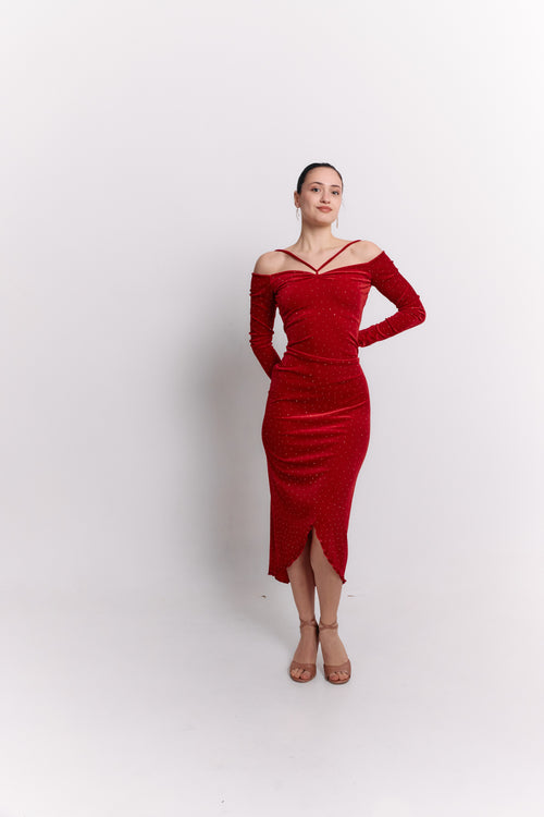 Red Velvet Stone Embellished Midi Dress