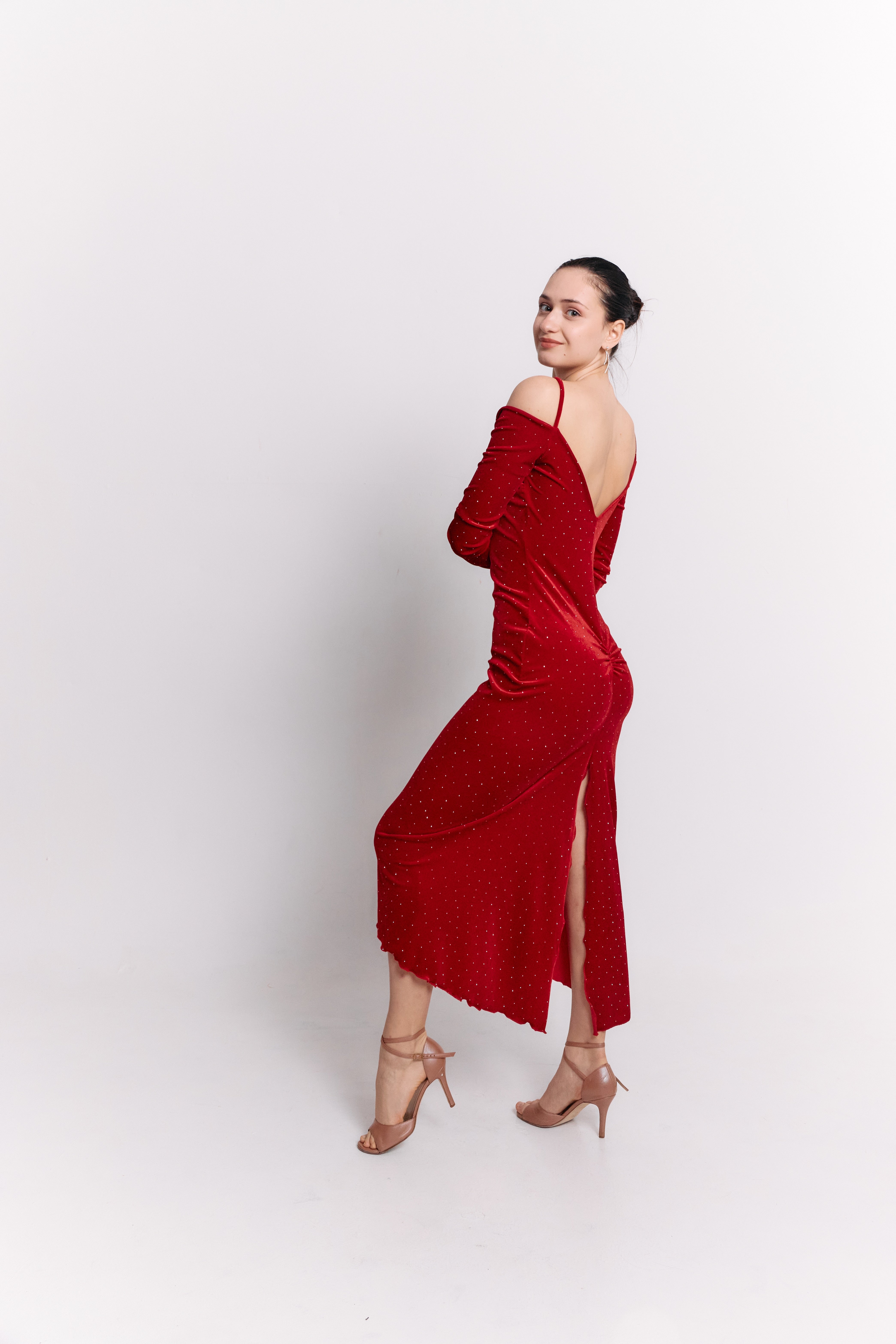 Red Velvet Stone Embellished Midi Dress