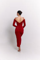 Red Velvet Stone Embellished Midi Dress