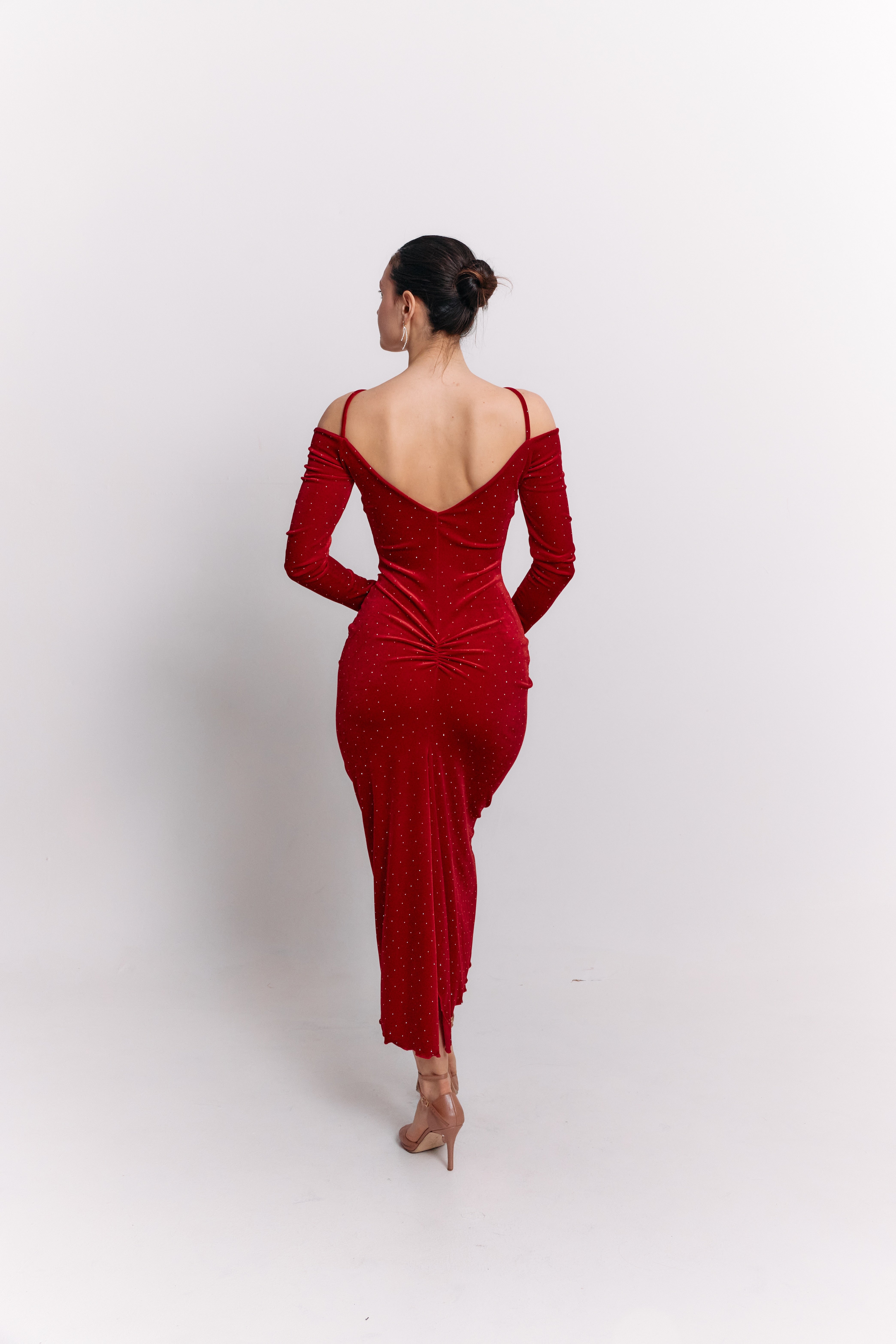 Red Velvet Stone Embellished Midi Dress