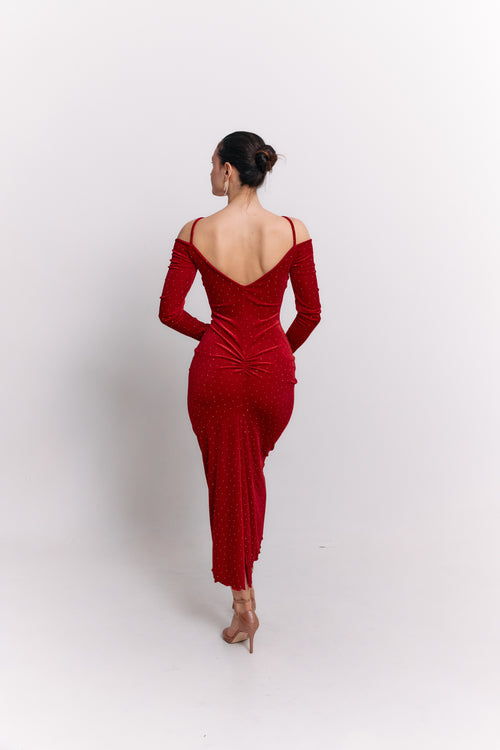 Red Velvet Stone Embellished Midi Dress
