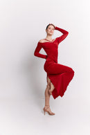 Red Velvet Stone Embellished Midi Dress