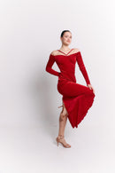 Red Velvet Stone Embellished Midi Dress