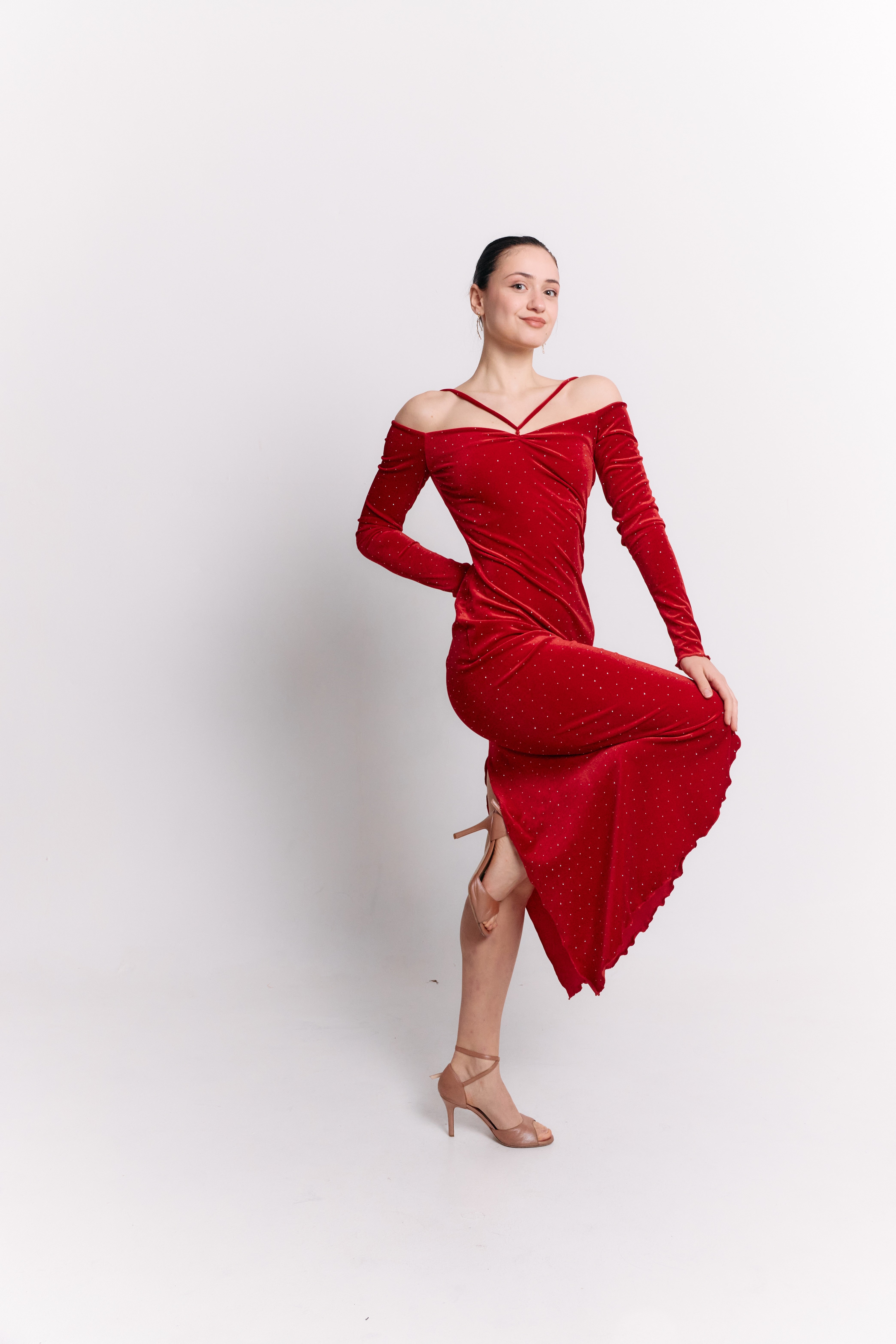 Red Velvet Stone Embellished Midi Dress