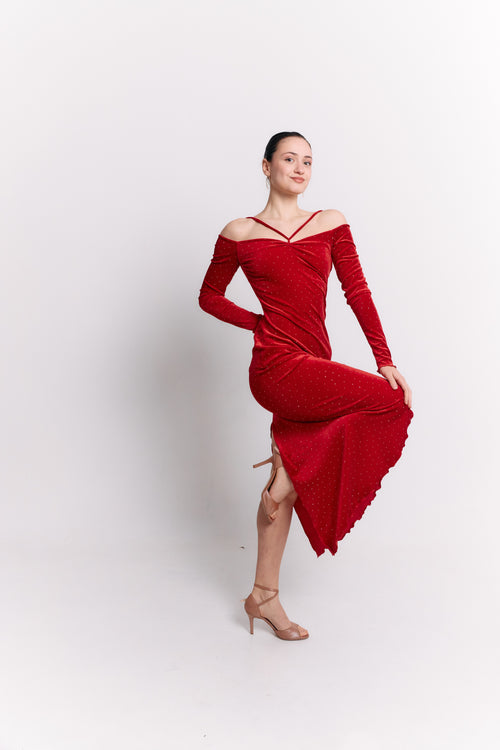 Red Velvet Stone Embellished Midi Dress