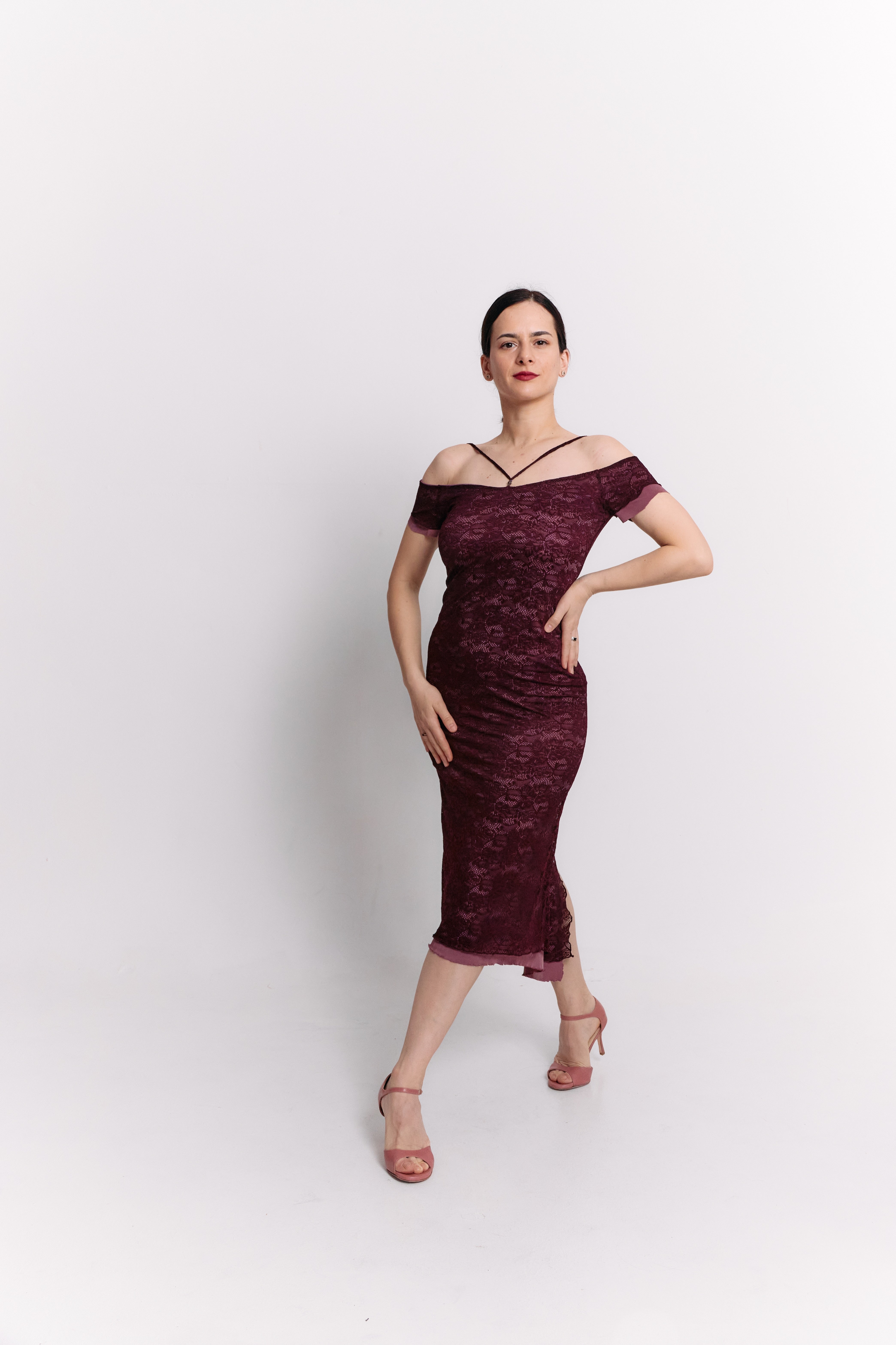 Burgundy Lace Off-Shoulder Reversible Pencil Midi Dress