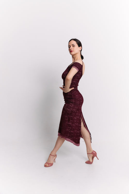 Burgundy Lace Off-Shoulder Reversible Pencil Midi Dress