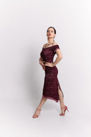 Burgundy Lace Off-Shoulder Reversible Pencil Midi Dress