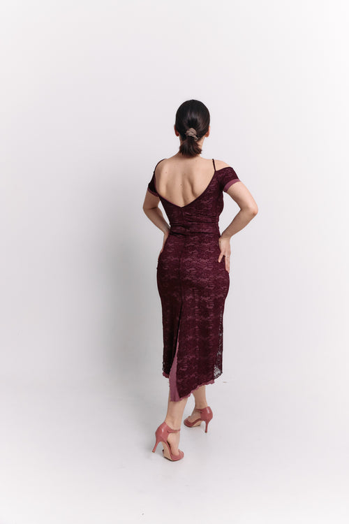 Burgundy Lace Off-Shoulder Reversible Pencil Midi Dress