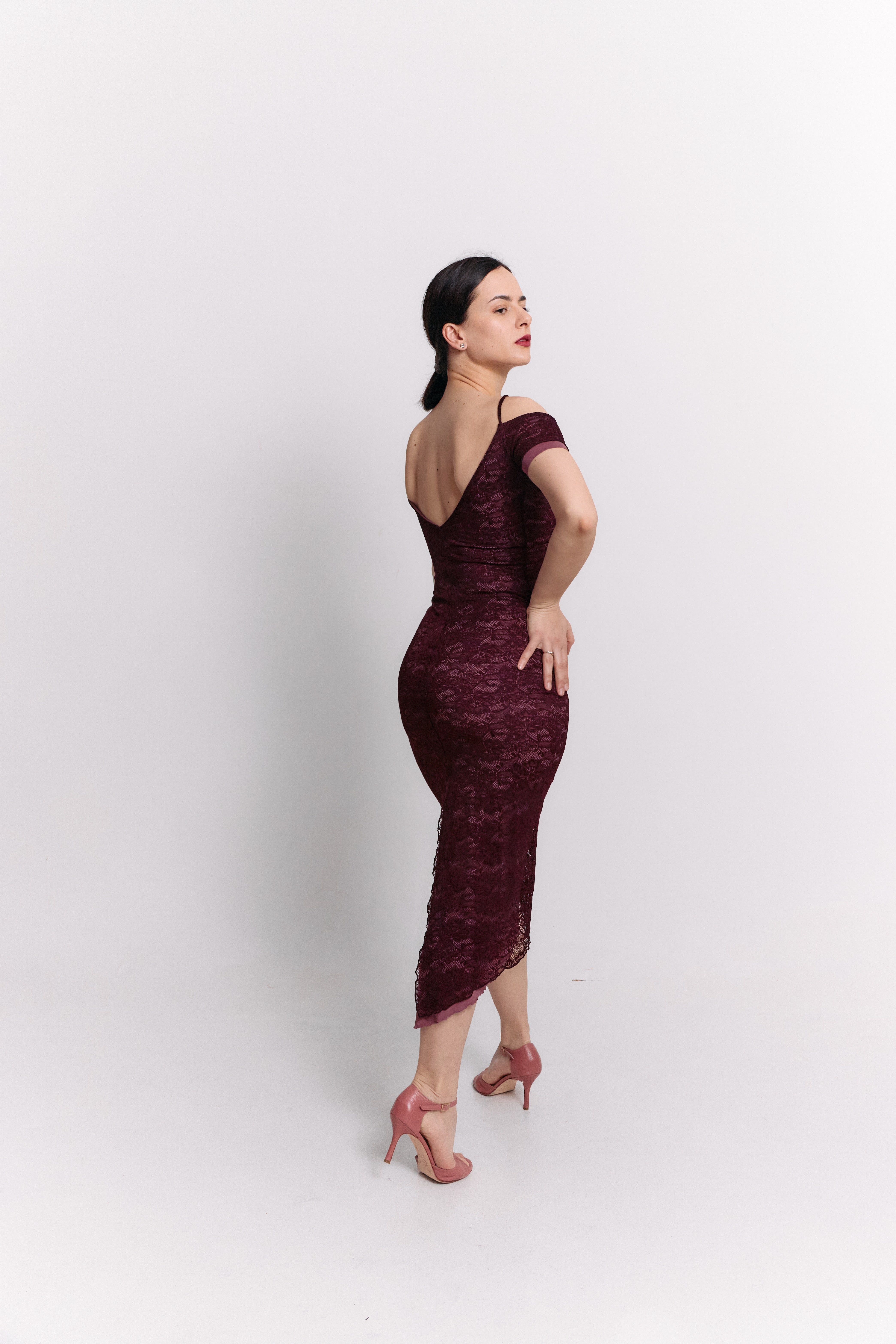 Burgundy Lace Off-Shoulder Reversible Pencil Midi Dress