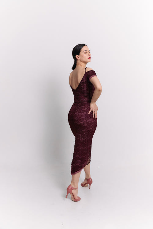 Burgundy Lace Off-Shoulder Reversible Pencil Midi Dress