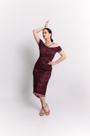 Burgundy Lace Off-Shoulder Reversible Pencil Midi Dress
