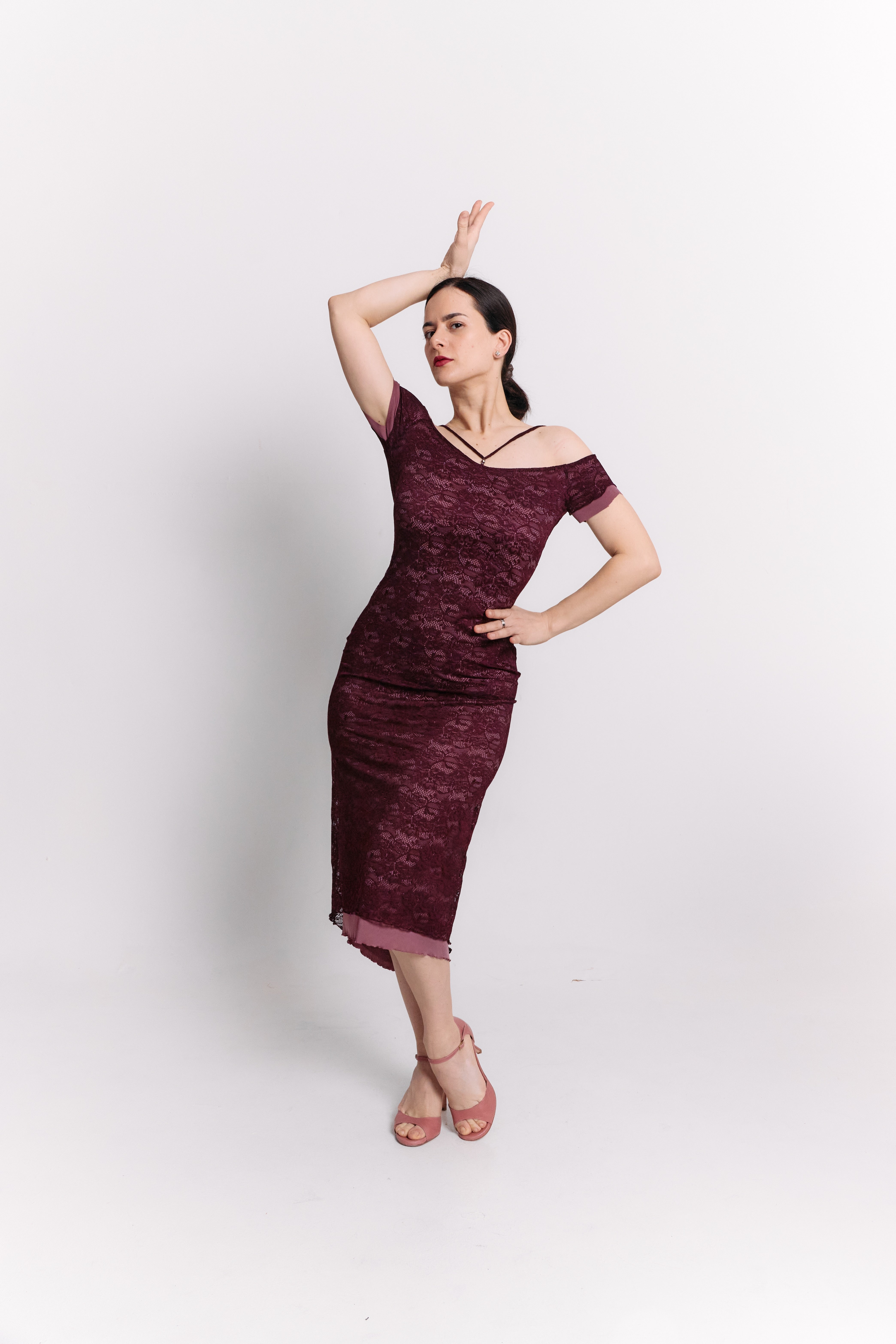 Burgundy Lace Off-Shoulder Reversible Pencil Midi Dress