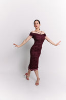 Burgundy Lace Off-Shoulder Reversible Pencil Midi Dress