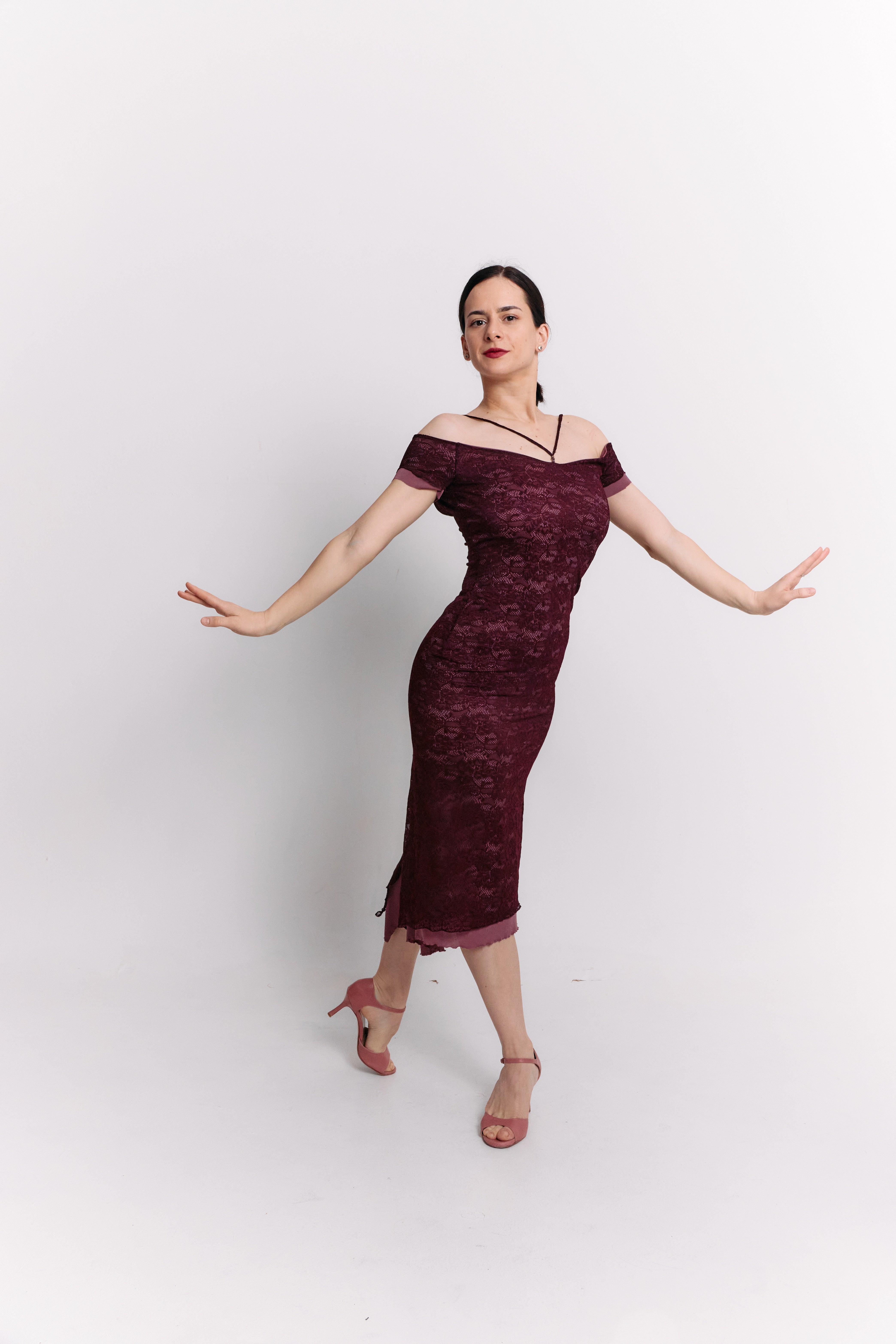 Burgundy Lace Off-Shoulder Reversible Pencil Midi Dress