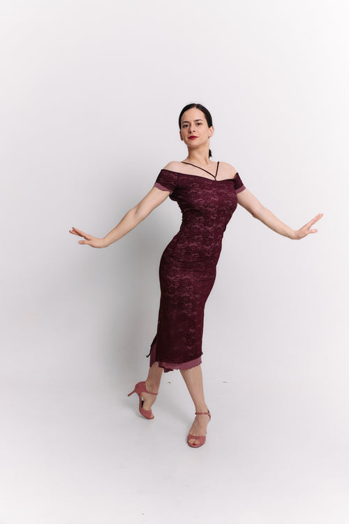 Burgundy Lace Off-Shoulder Reversible Pencil Midi Dress