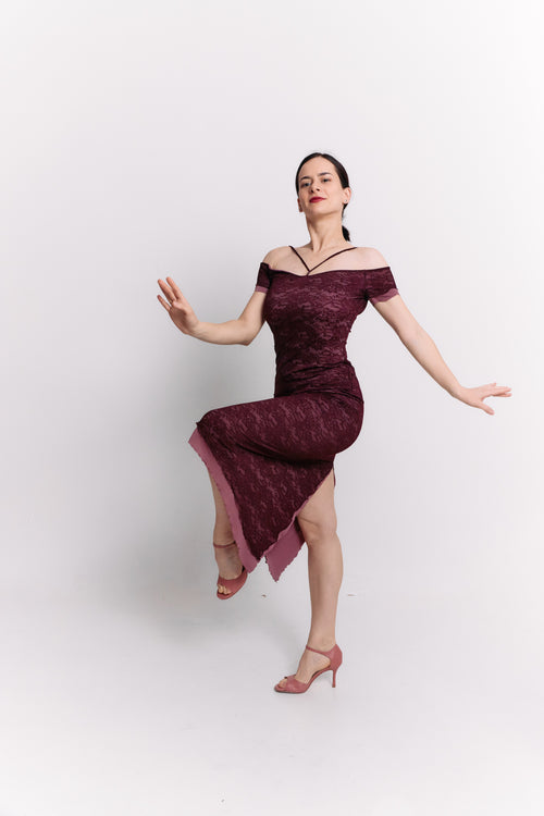 Burgundy Lace Off-Shoulder Reversible Pencil Midi Dress