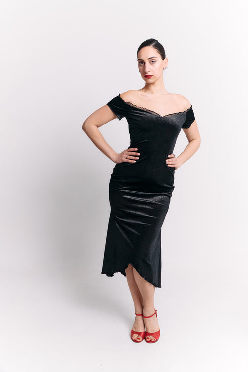 Velvet Off-Shoulder Black Romance Dress
