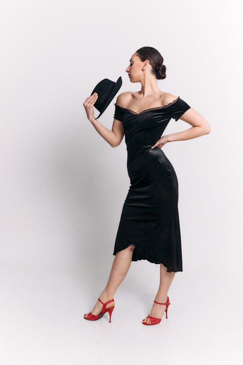 Velvet Off-Shoulder Black Romance Dress
