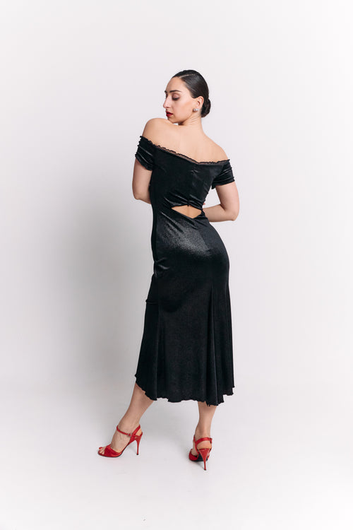 Velvet Off-Shoulder Black Romance Dress