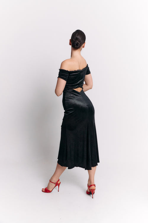 Velvet Off-Shoulder Black Romance Dress