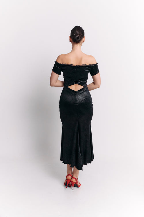 Velvet Off-Shoulder Black Romance Dress